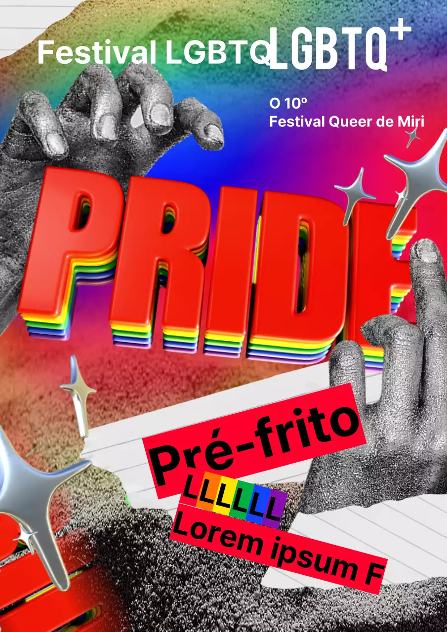 Festival queer em texto arco-íris e formato de colagem