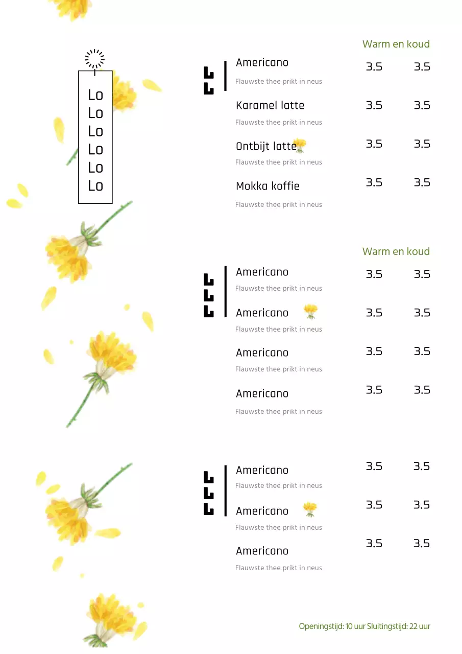 Cafe menu met gele bloem illustratie