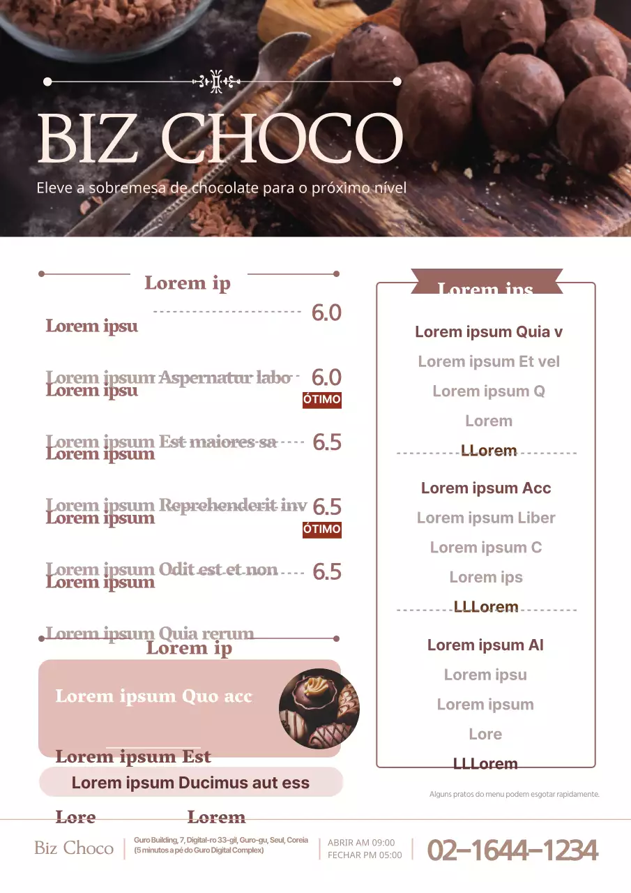 Menu do Choco Café com uma imagem de chocolate cor-de-rosa
