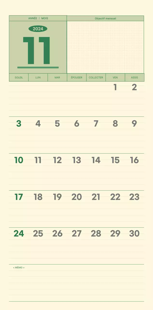 Calendrier mural SAT D-day notepad concept en vert et jaune clair