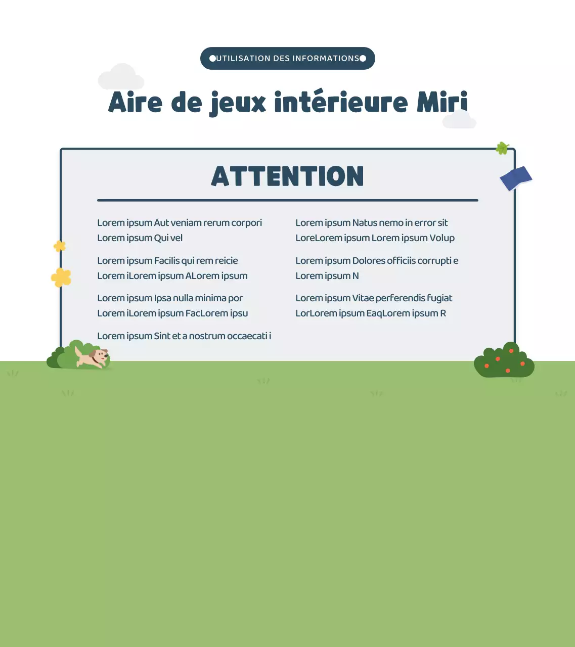 Illustration mignonne en bleu marine et vert Informations sur les aires de jeux intérieures