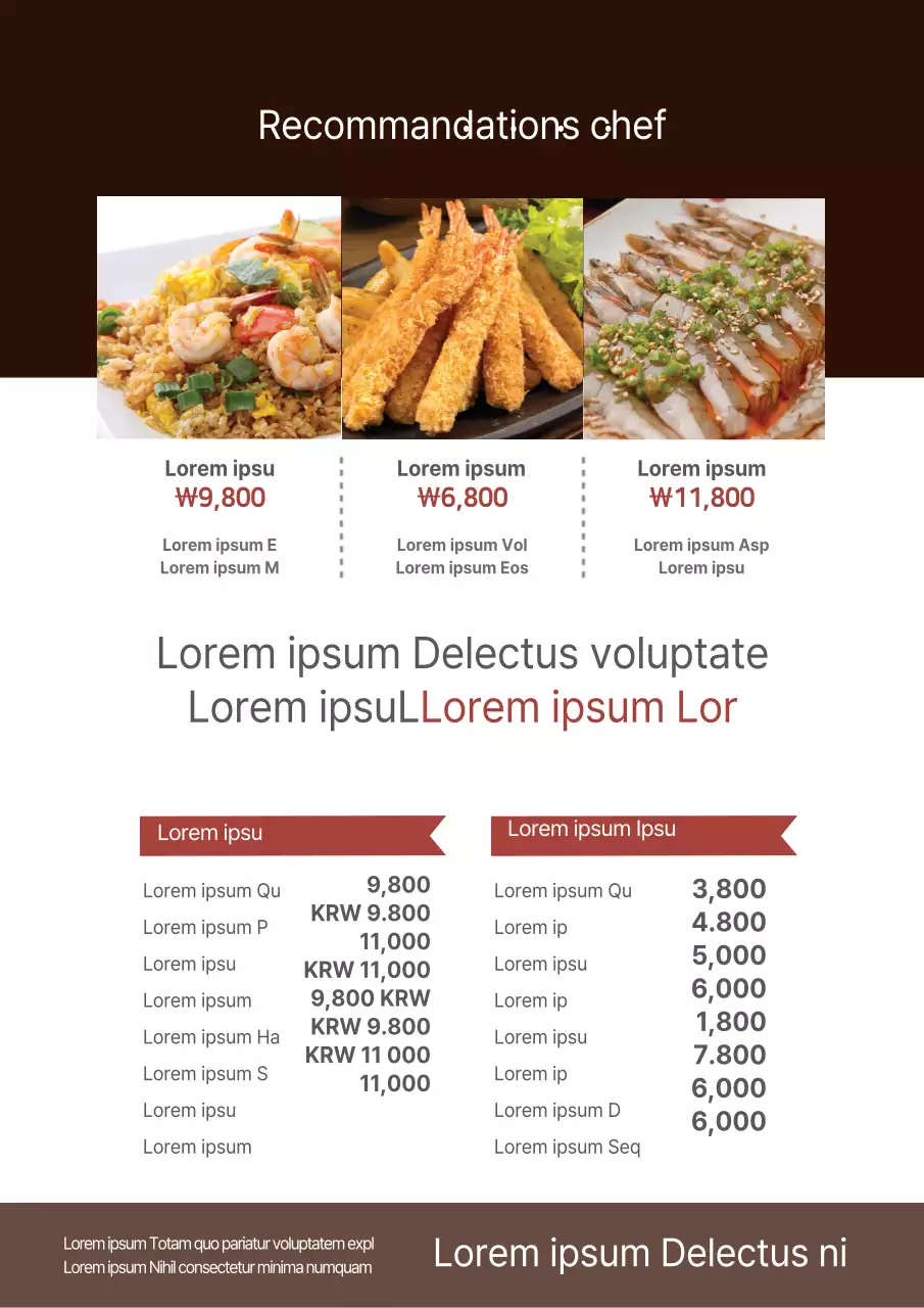 Guide des menus avec des images d'aliments bruns et rouges