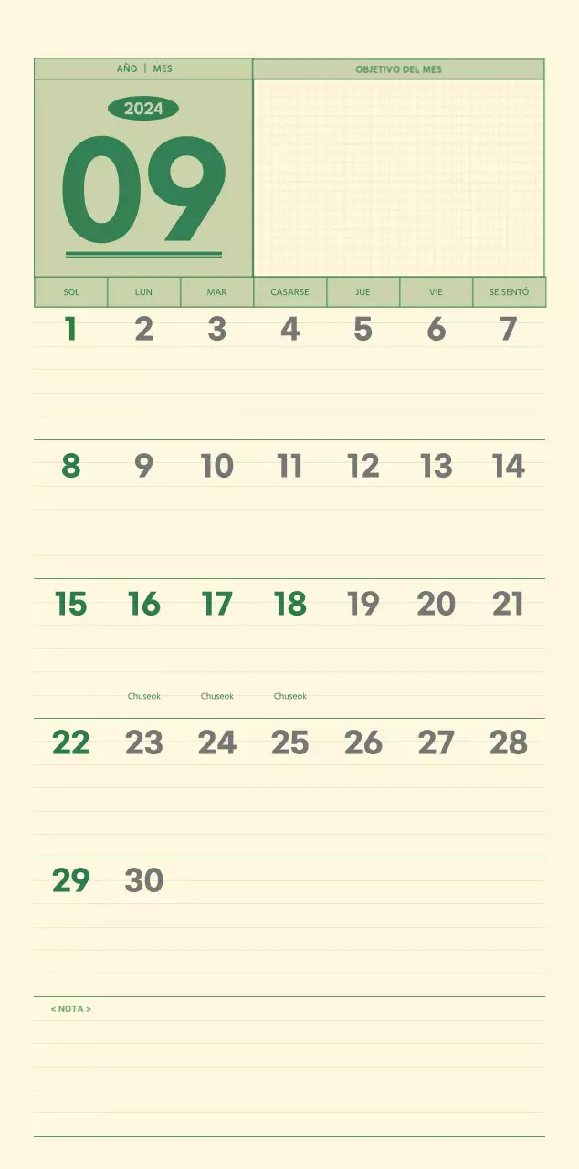 SAT Calendario de pared con concepto de bloc de notas del día D en verde y amarillo claro