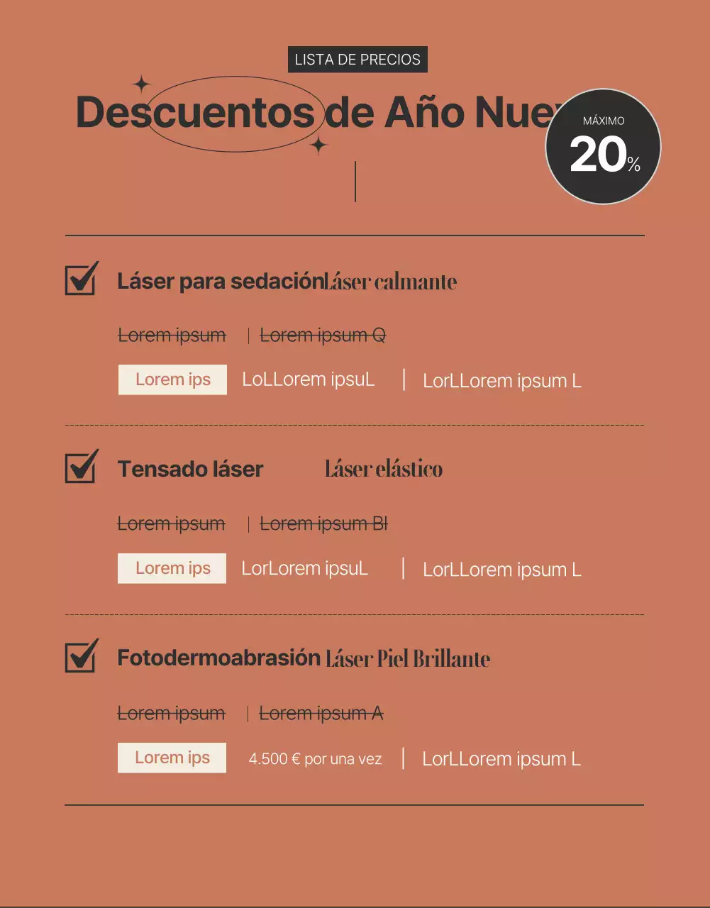 Anuncio de promoción de procedimientos cosméticos dermatológicos en marrón y negro.