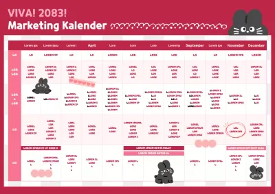 Jaarkalender met schattige illustratie van zwart konijntje in roze wijnkleur