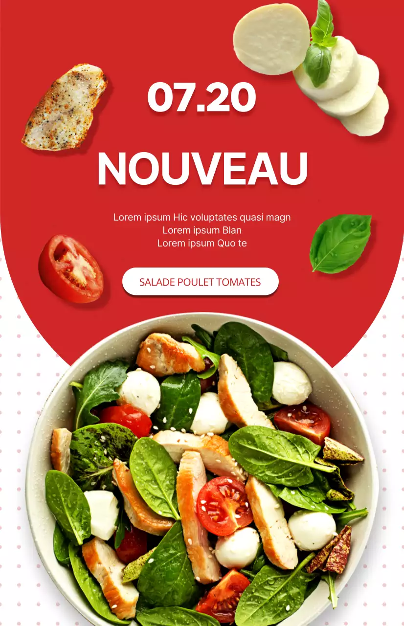 Promouvoir un nouveau menu de salades sur fond de motifs à points rouges et blancs