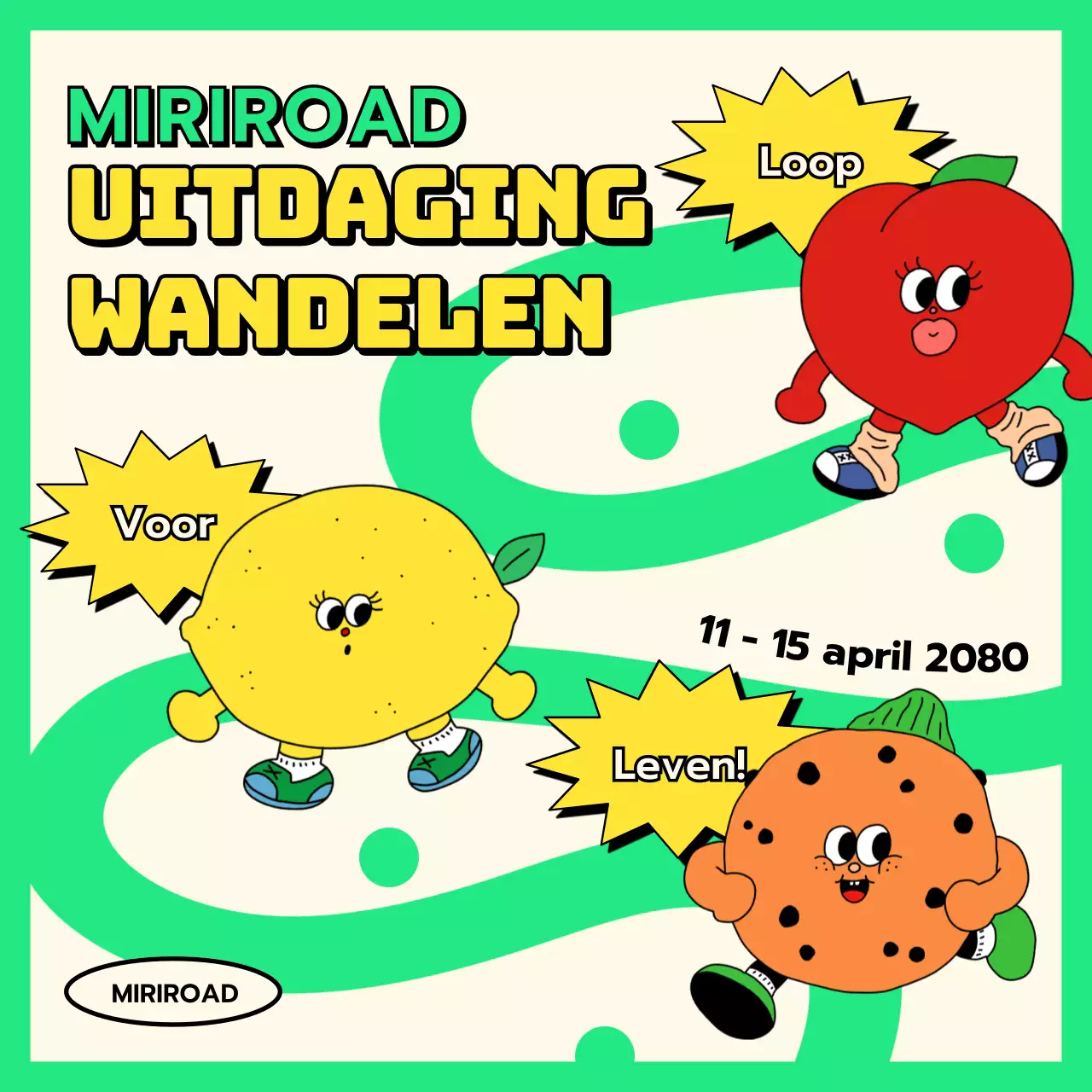 Kitscherige fruitillustratie in fluorescerend chartreuse Voorjaarswandelwedstrijd Walking Challenge