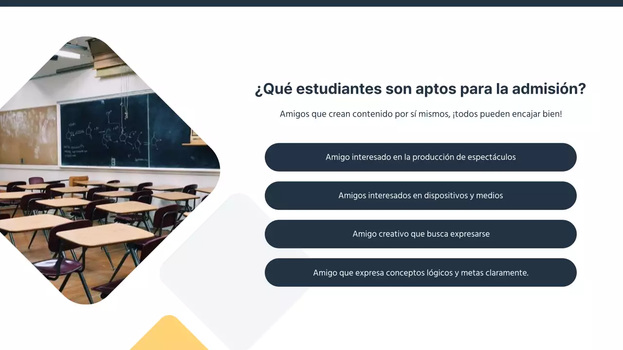 Una sencilla presentación del departamento universitario de relaciones públicas en azul marino y amarillo