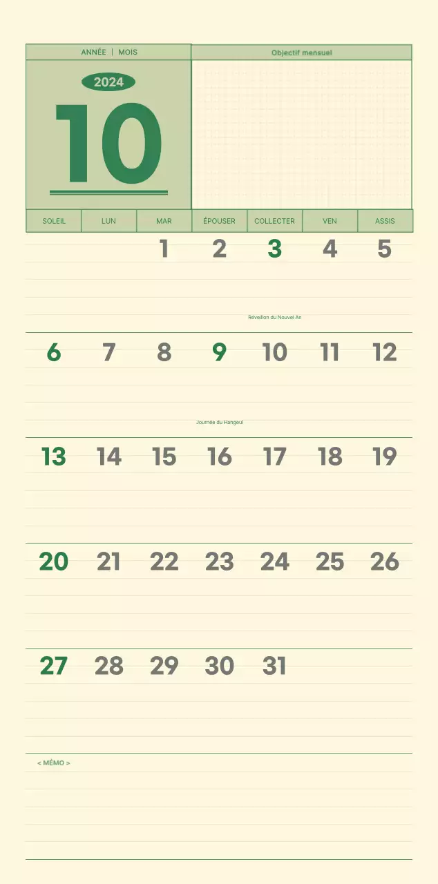 Calendrier mural SAT D-day notepad concept en vert et jaune clair