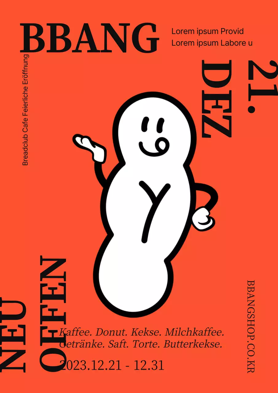 Plakat für die Eröffnung eines Süßwarengeschäfts mit einem einfachen orangefarbenen Farbschema