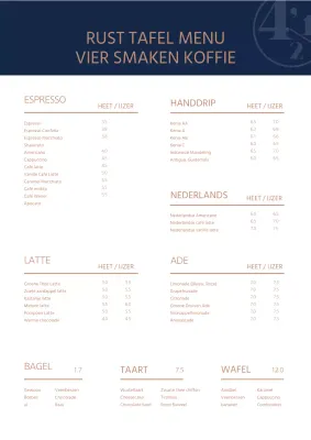 Een stijlvol, strak cafémenu met een marineblauwe en gouden winkelnaam en logo