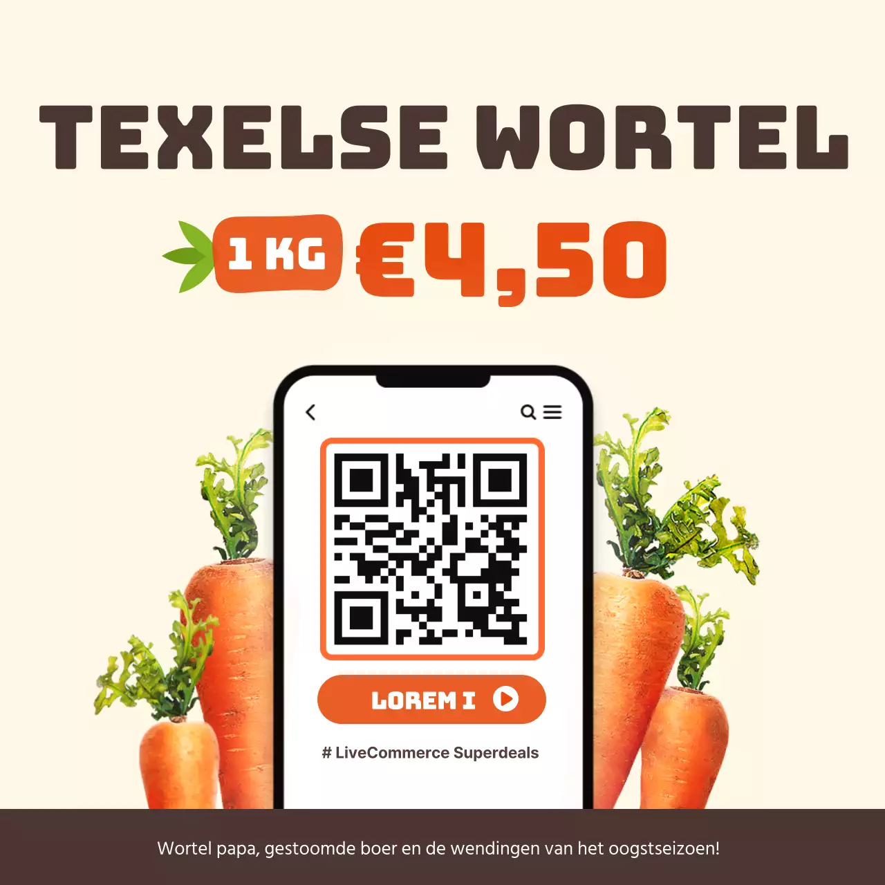 Promoot een livestream van een super speciale aanbieding op Jeju wortelen met eenvoudige oranje en bruine kleuren