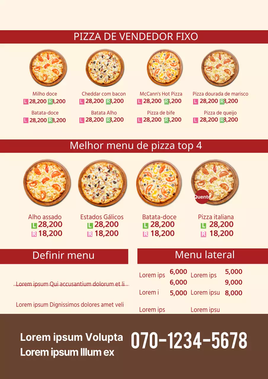 Mesa de menu de pizza com imagens de menu castanhas e vermelhas