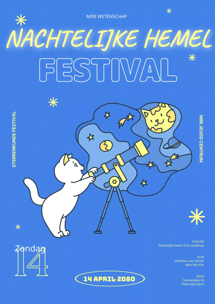 Een wetenschapsfestival voor jongeren met een schattige illustratie van een kat die sterrenbeelden observeert op een blauwe achtergrond.