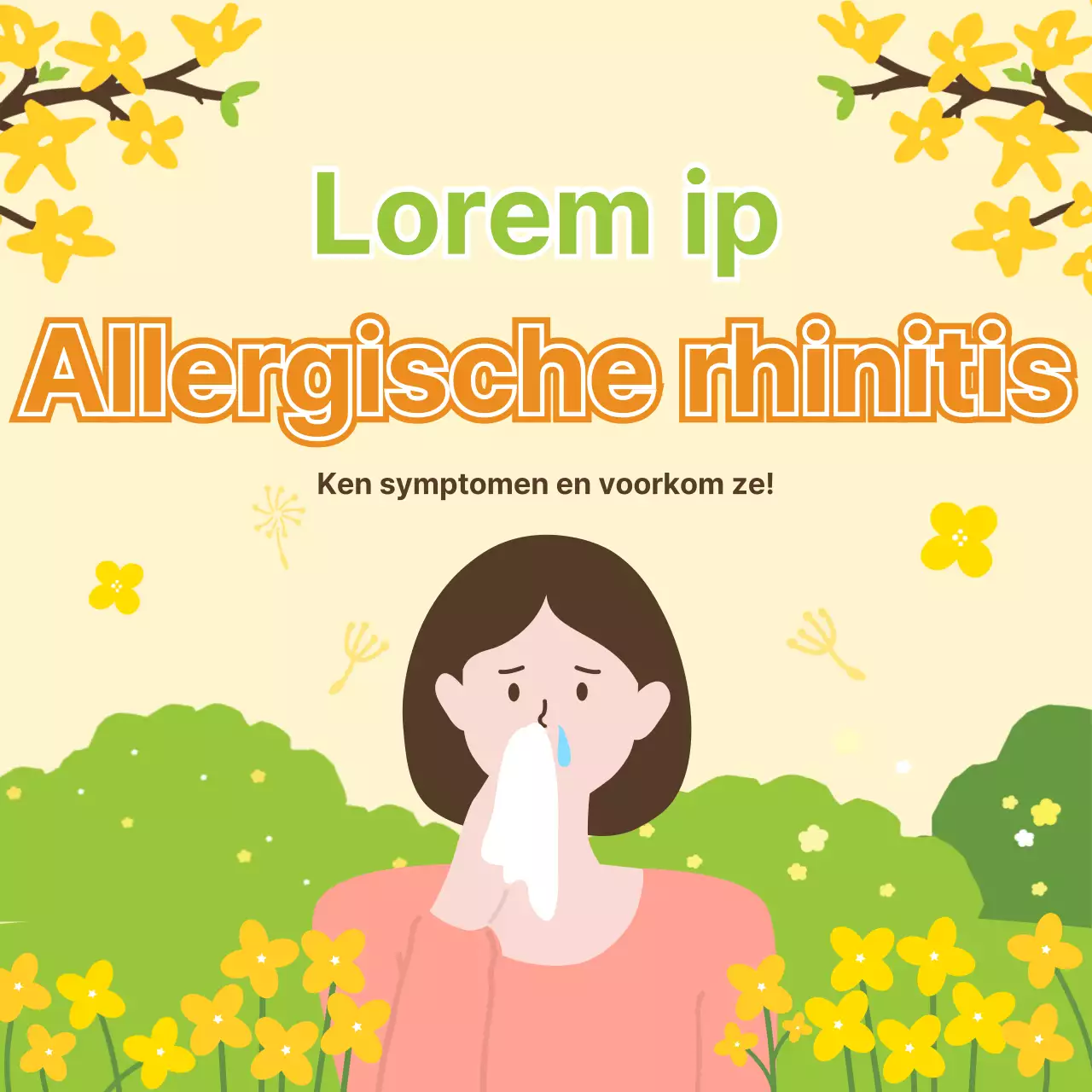 Een warme, frisse lenteillustratie in gele en chartreuse pasteltinten om allergische rhinitis tijdens het lenteseizoen te helpen voorkomen.