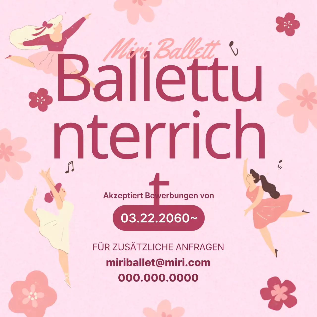 Neue Werbeaktion für Ballettunterricht mit zartrosa Illustrationen