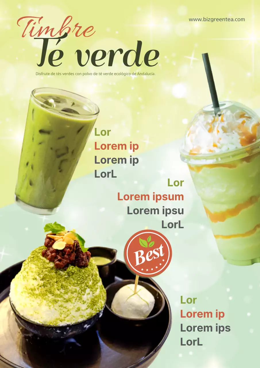 Promocionar una nueva bebida de té verde con un concepto glamuroso con efecto de purpurina verde