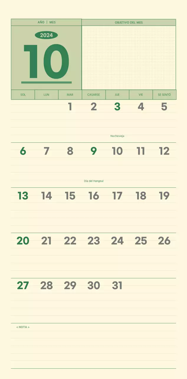SAT Calendario de pared con concepto de bloc de notas del día D en verde y amarillo claro