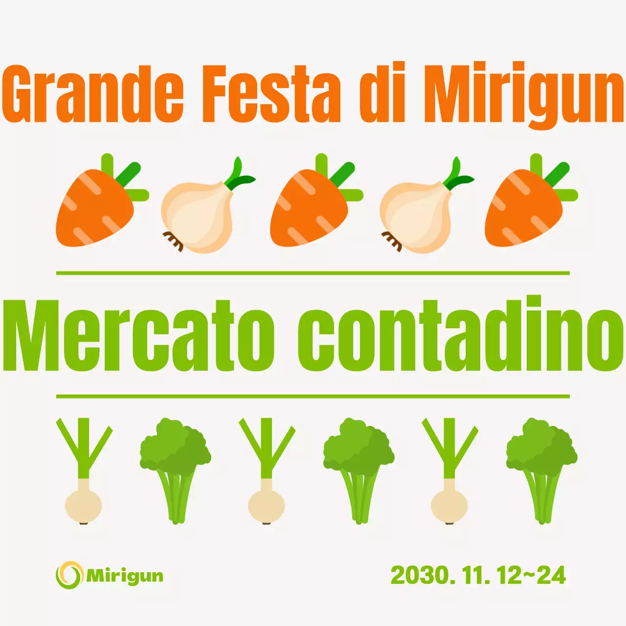 Simpatiche icone di ortaggi nei colori arancione e chartreuse per promuovere le feste agricole