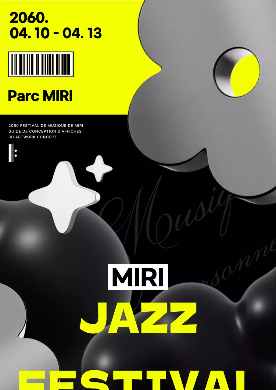 Concept moderne de festival de musique avec des tons noirs et blancs et des accents jaunes