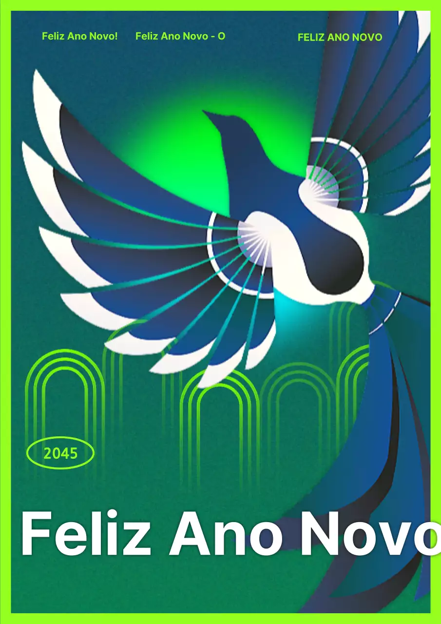 Cartaz com ilustrações de Ano Novo com um efeito de gradiente de chartreuse e azul claro