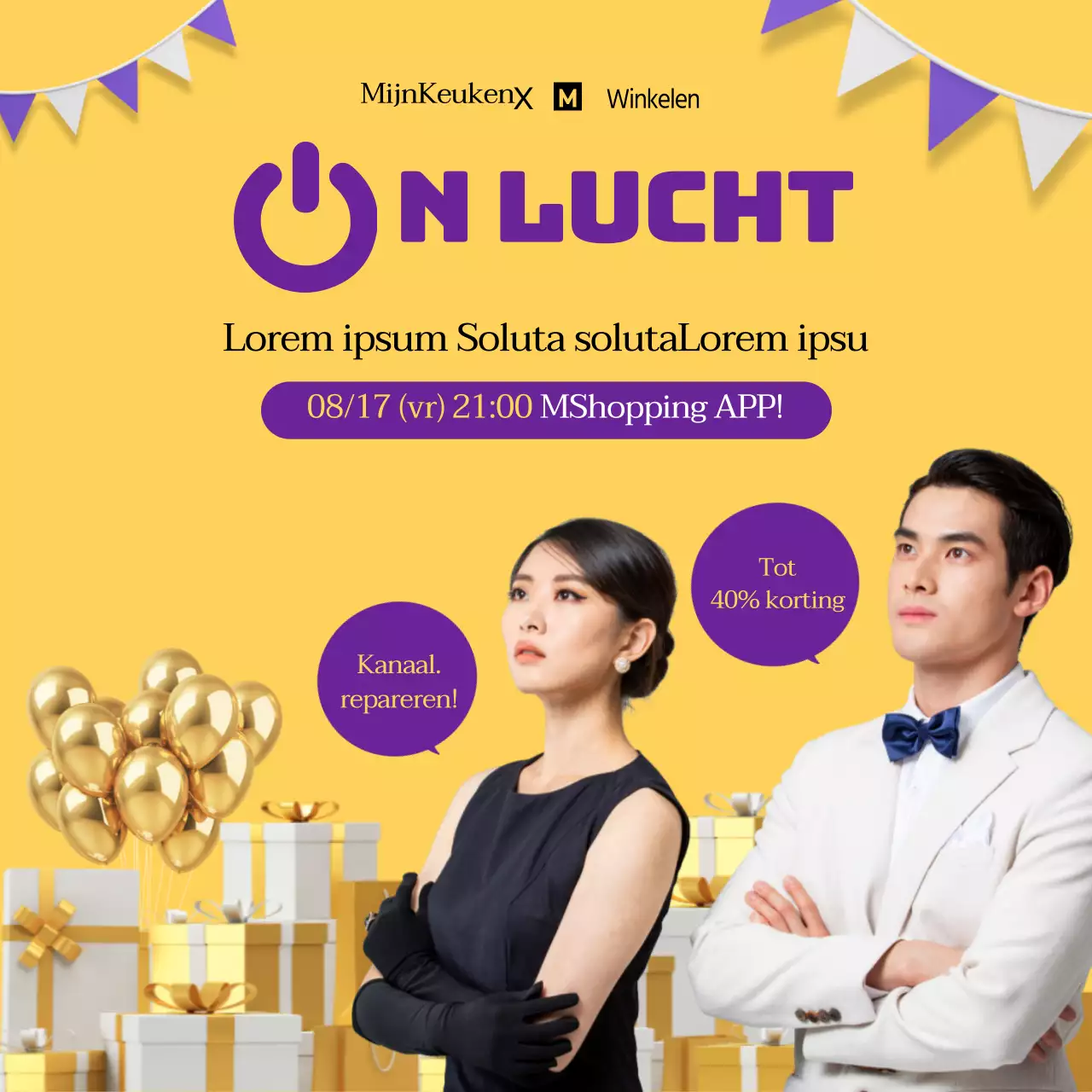 Live winkelen op een huisfeesttentoonstelling met foto's van gele en paarse mobiele telefoonmodellen