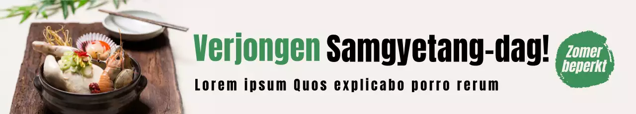 Promoot een eenvoudig samgyetang-menu met een kalligrafisch lettertype met groene accenten op een witte achtergrond