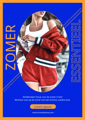 Een webposter die stijlvolle zomertrainingspakken in blauw en oranje promoot.