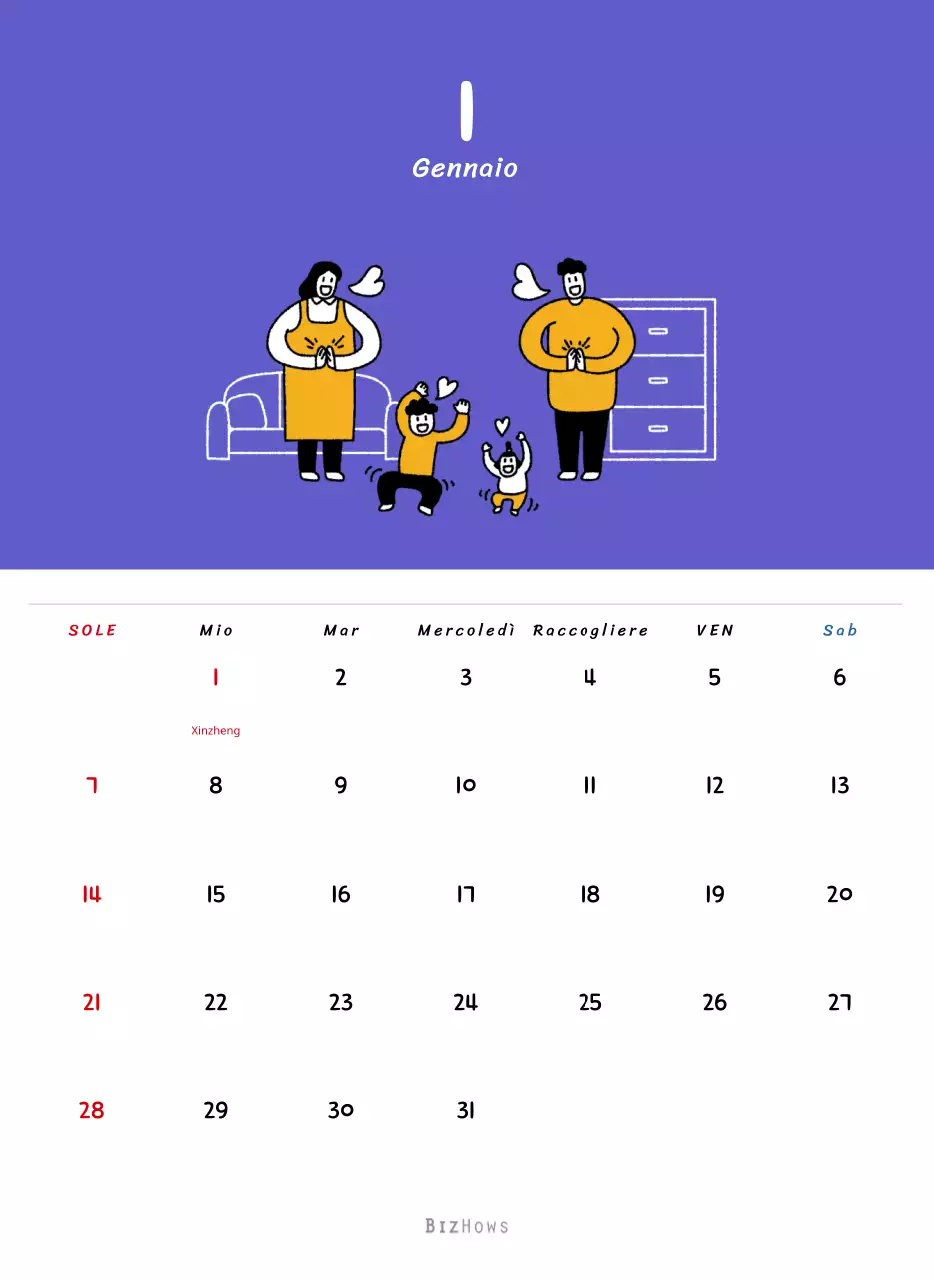 Calendario di Capodanno con simpatiche illustrazioni