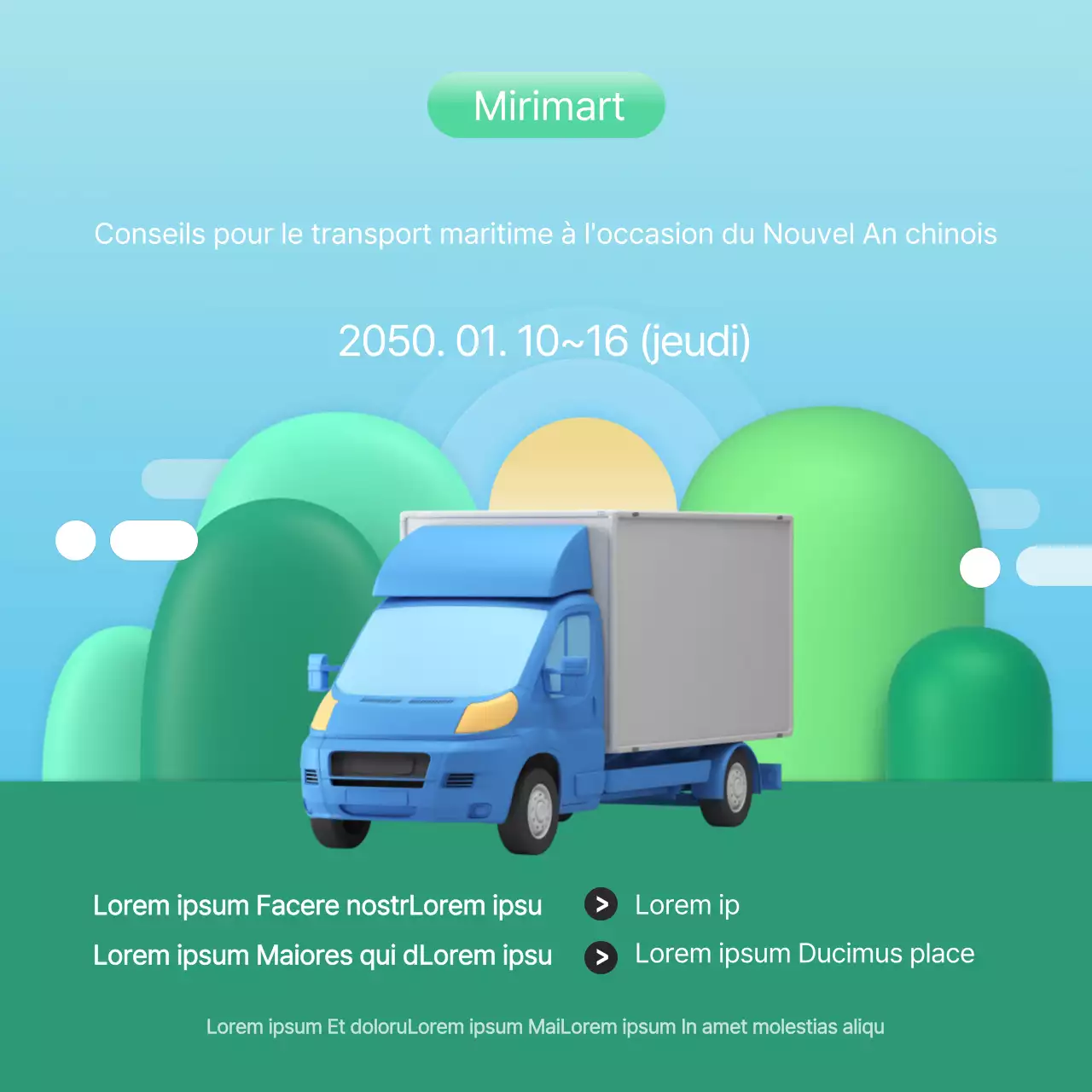 Illustration d'un camion vert, bleu ciel et mignon pour Instagram Livraison des fêtes du Nouvel An lunaire