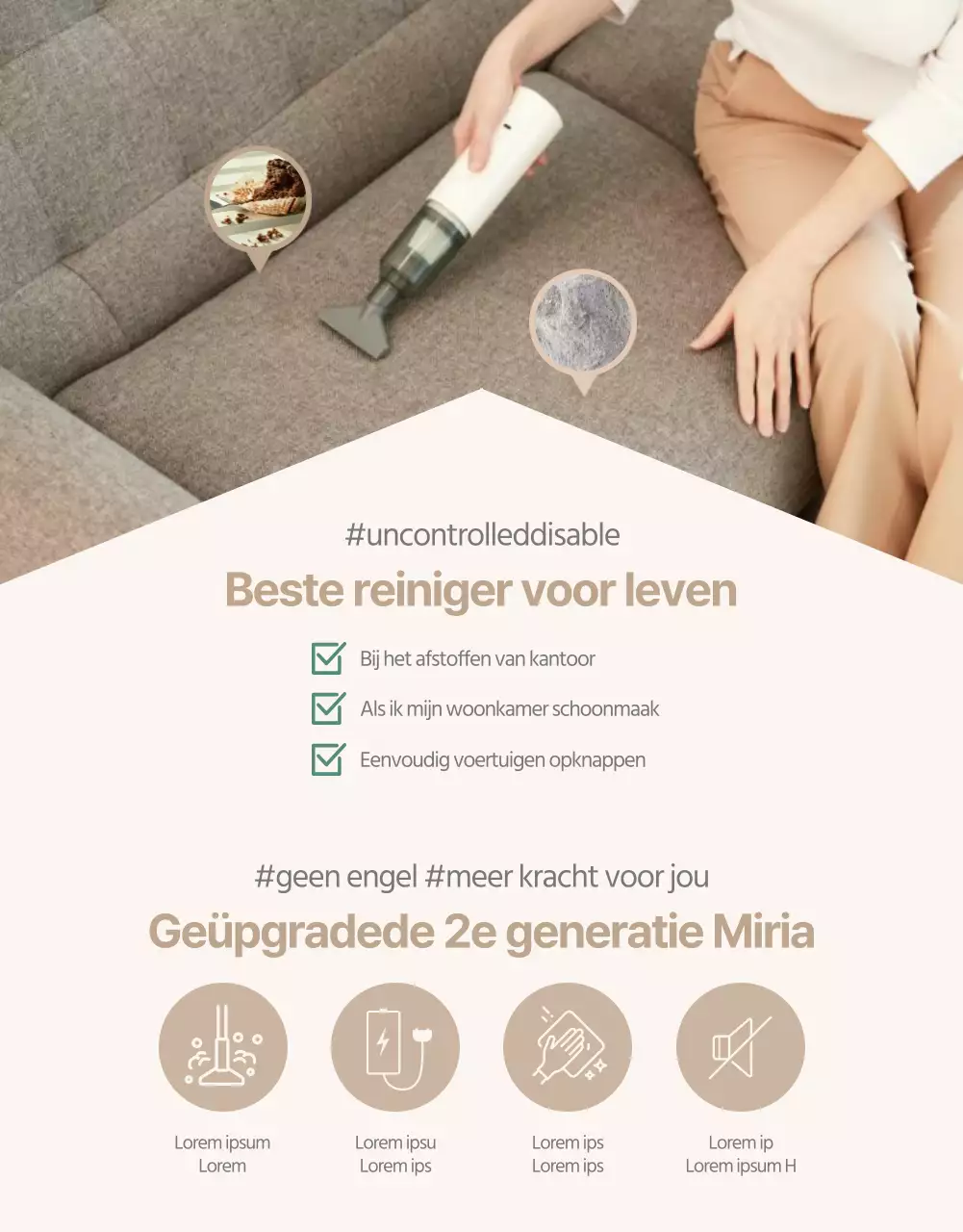 Introductie van een eenvoudige, moderne handstofzuiger in bruin- en beigetinten