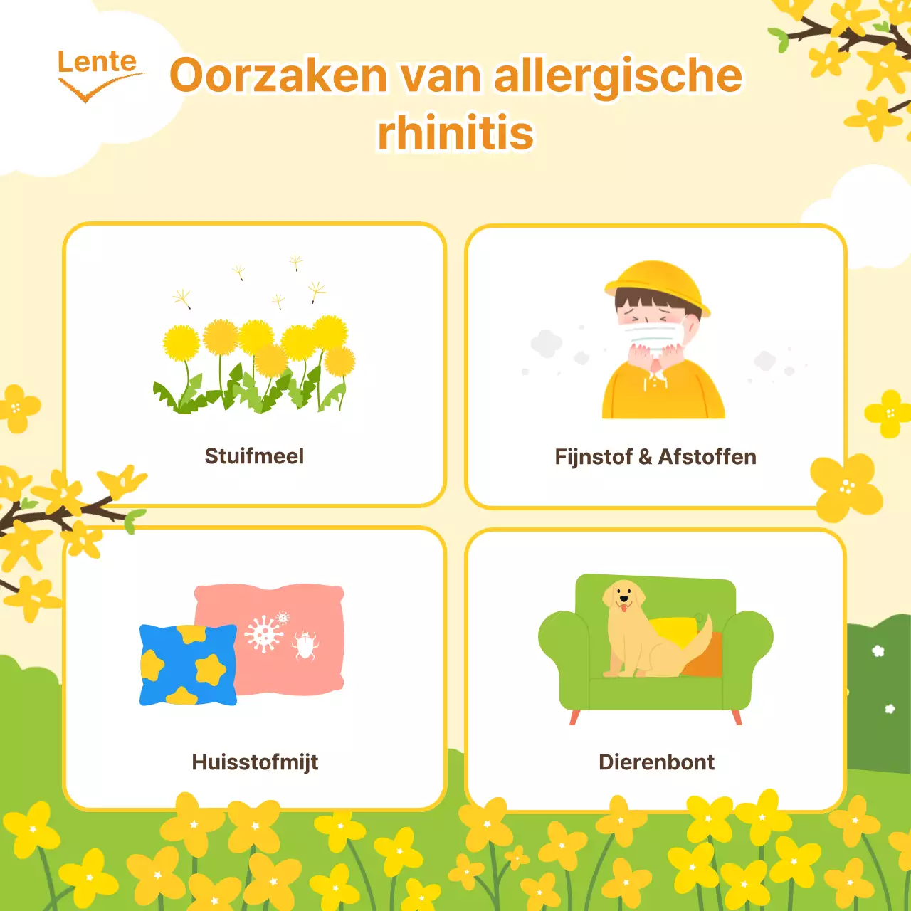 Een warme, frisse lenteillustratie in gele en chartreuse pasteltinten om allergische rhinitis tijdens het lenteseizoen te helpen voorkomen.