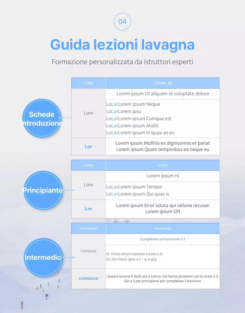 Una semplice pagina di dettaglio della lezione di sci in bianco e blu