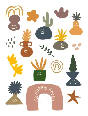 Organische, minimalistische, getöpferte Figuren und Formen mit verschiedenen Ausdrücken in gedeckten Farben