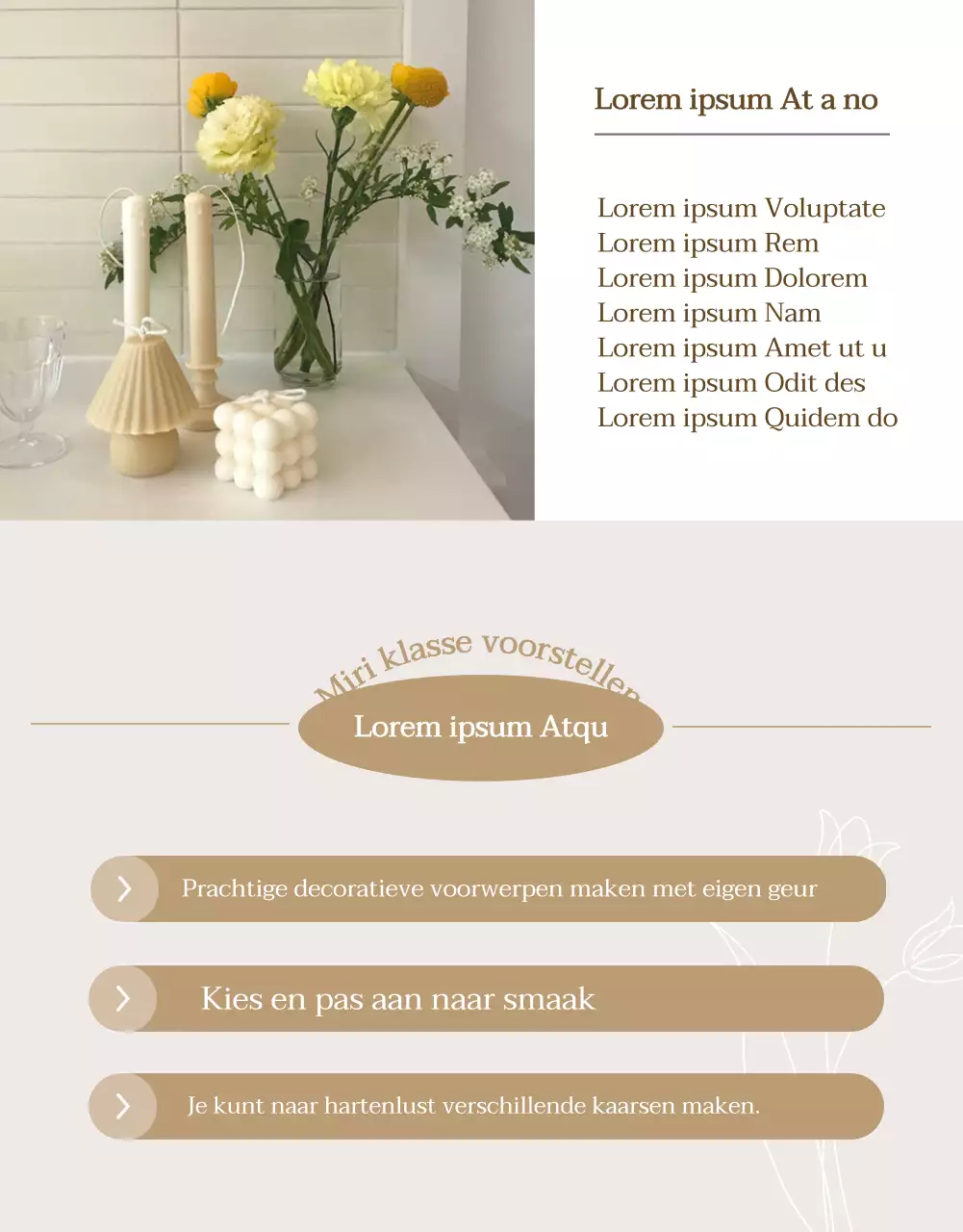 Luxe kaarsen in beige en bruin om een online les te promoten