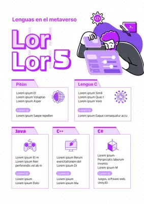 Tema de lenguaje de programación con iconos e ilustraciones de líneas blancas y moradas