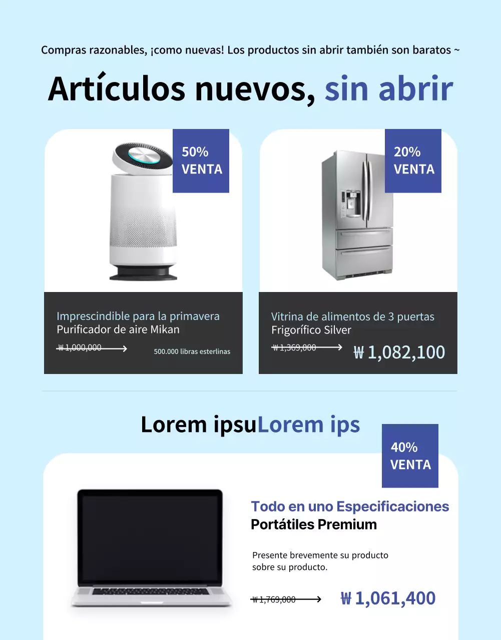 Página detallada de la venta de renovación de electrodomésticos gris y azul