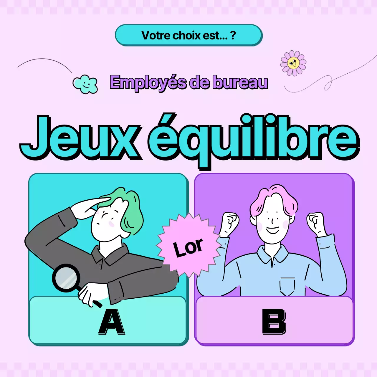 Jeu d'équilibre pour employé de bureau rose, violet et menthe CardNews