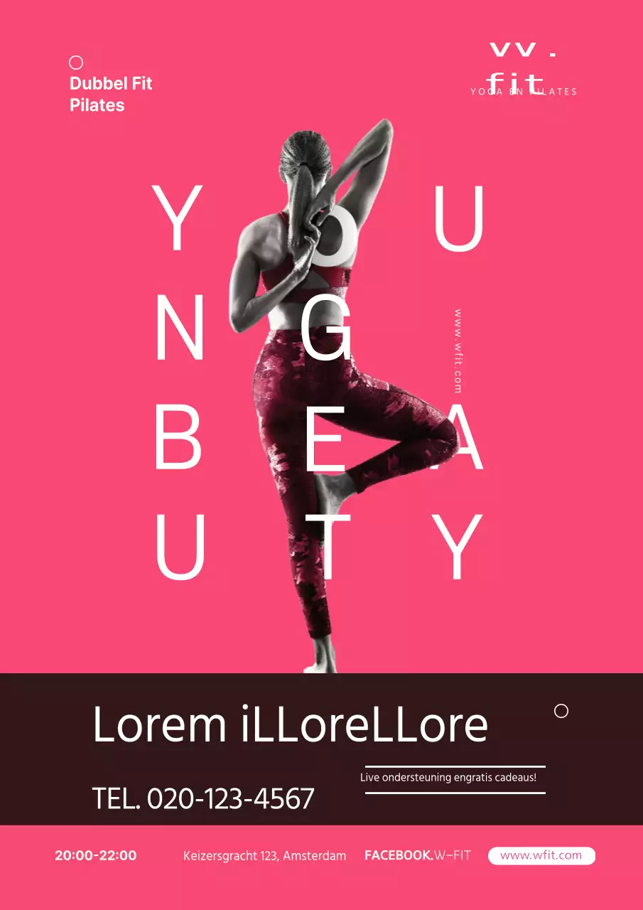 Strakke evenementenflyer voor Pilates-studio in roze en zwart
