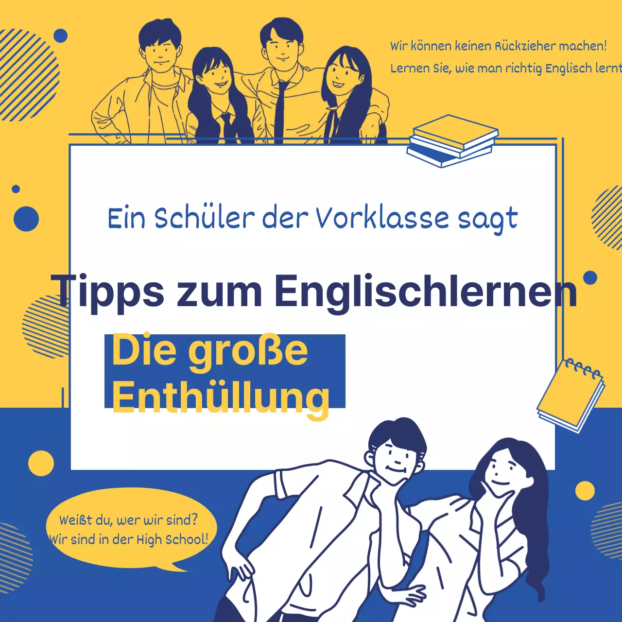 Einfache Linienillustration in Gelb und Blau zur Förderung von Englisch-Lerntipps