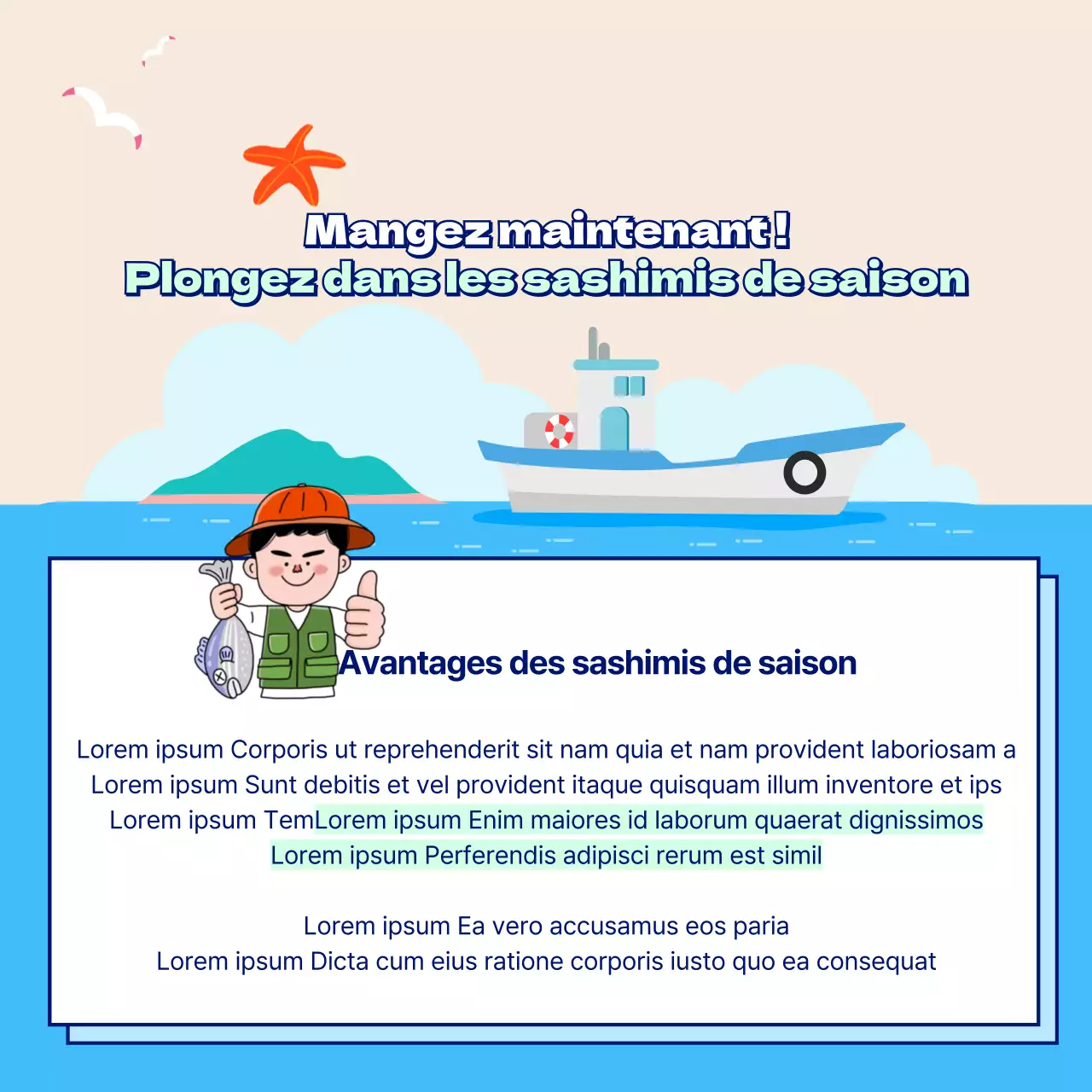 Un guide mensuel des sashimis de saison en bleu CardNews