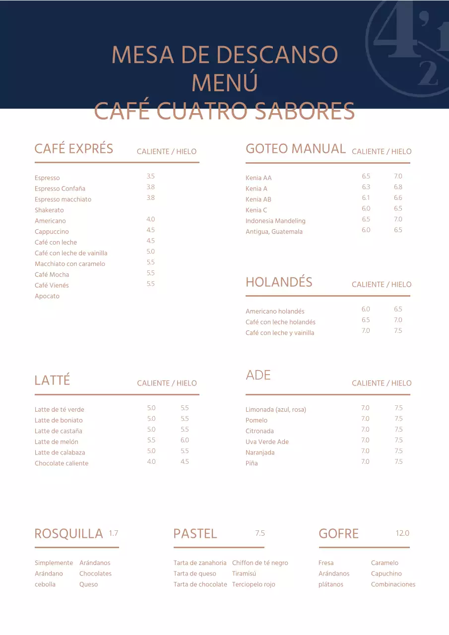 Un menú de cafetería elegante y limpio con el nombre y el logotipo de la tienda en azul marino y dorado.