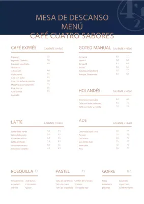 Un menú de cafetería elegante y limpio con el nombre y el logotipo de la tienda en azul marino y dorado.