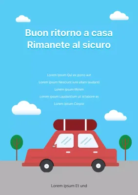 Campagna di sicurezza stradale per le vacanze con illustrazioni di auto e paesaggi di cielo azzurro e sereno