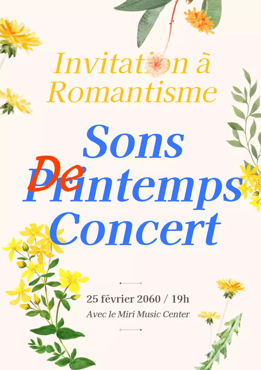 Concert de printemps avec texte jaune en relief