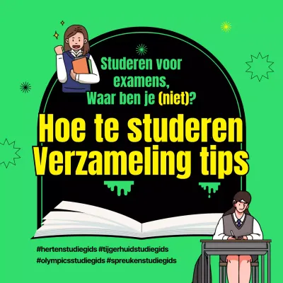Een verzameling studietips met een eenvoudige groen-zwarte afbeelding van een studerende student