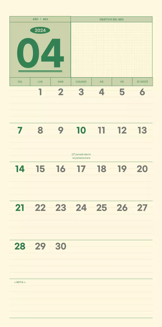 SAT Calendario de pared con concepto de bloc de notas del día D en verde y amarillo claro