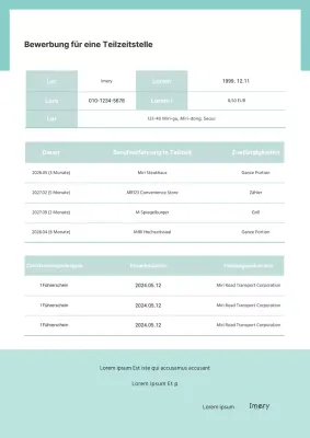 Ein sauberes, mintfarbenes Bewerbungsformular für eine Teilzeitstelle