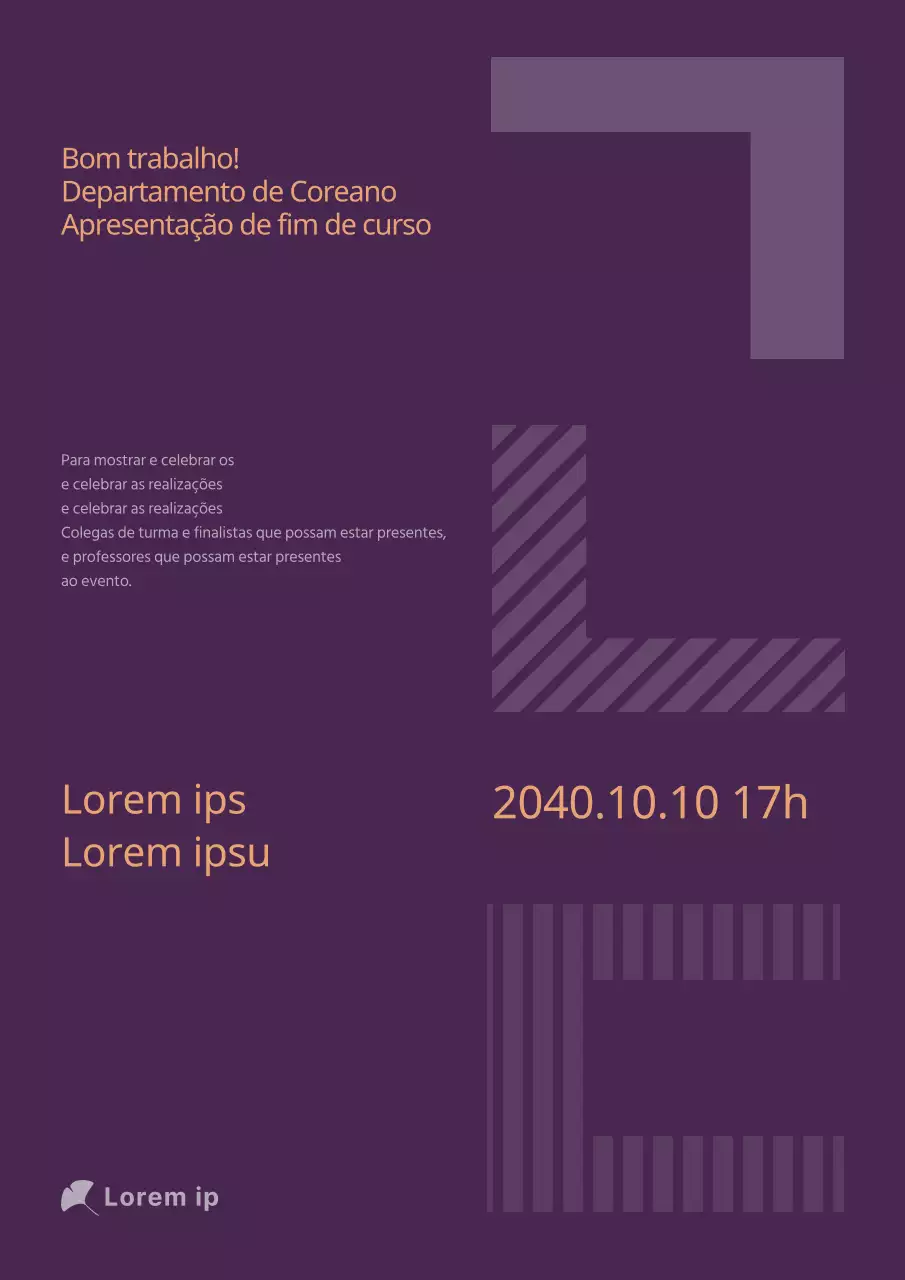 Apresentação de fim de curso do departamento de língua coreana com o conceito de tipografia das consoantes coreanas em tons roxos