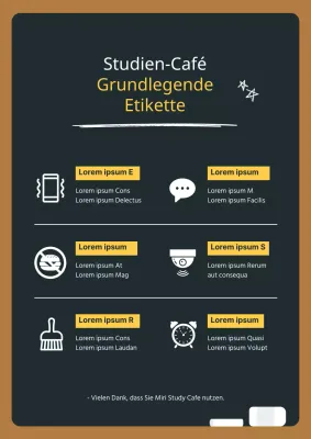 Ein Leitfaden für grundlegende Umgangsformen in einem Studiencafé mit einem dunkelgrünen Kreidekonzept